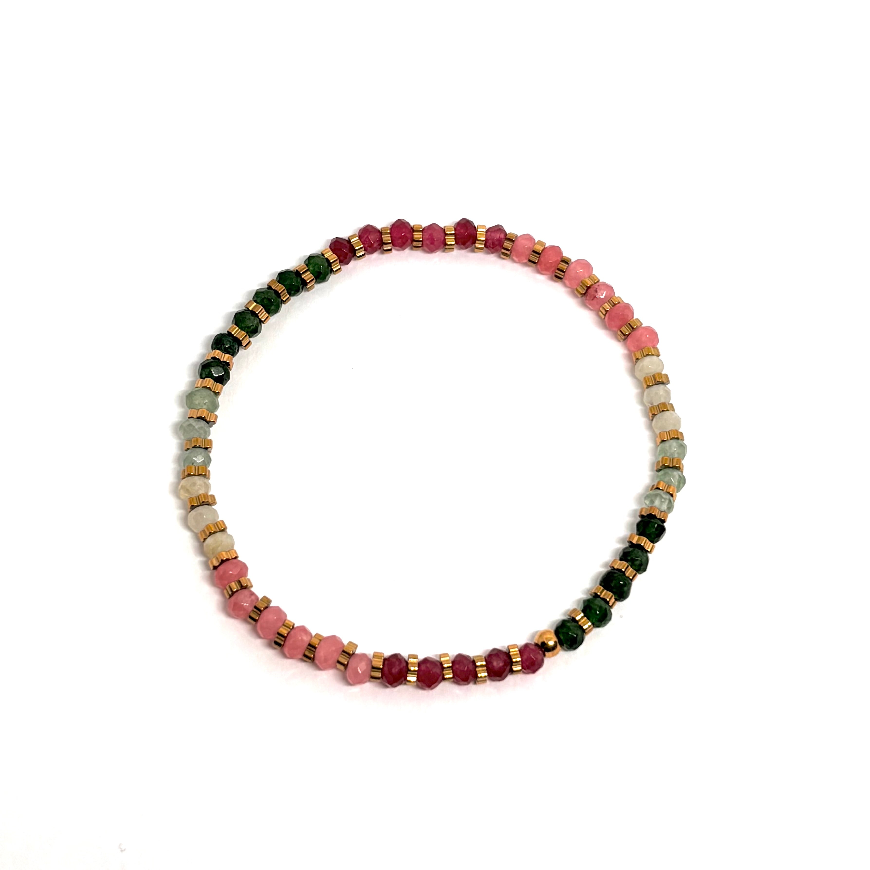 Bracelet élastique femme en acier inoxydable doré 18K, orné de perles en cristal facetté multicolores (turquoise, rose, rouge) et de perles dorées. Bijou coloré d’été, résistant à l’eau, facile à enfiler, léger et pétillant, idéal pour un look lumineux et décontracté